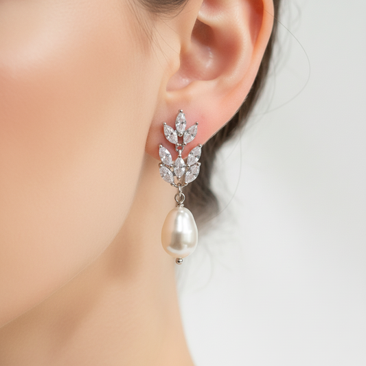 Wedding Bridal Bridesmiads CZ Floral Pear Drop Earrings