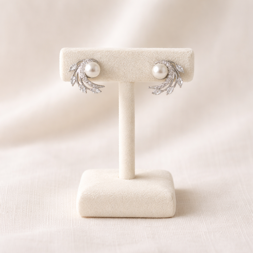 Pearl Leaf Bridal Stud Earrings