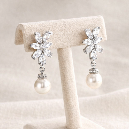 Bridal Earrings Crystal White Pearl Drop Earrings