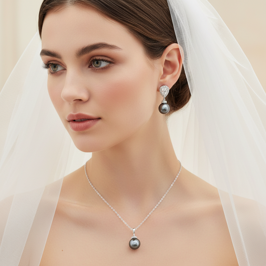 Wedding Bridal Dark Gray Pearl Necklace and Earrings Set