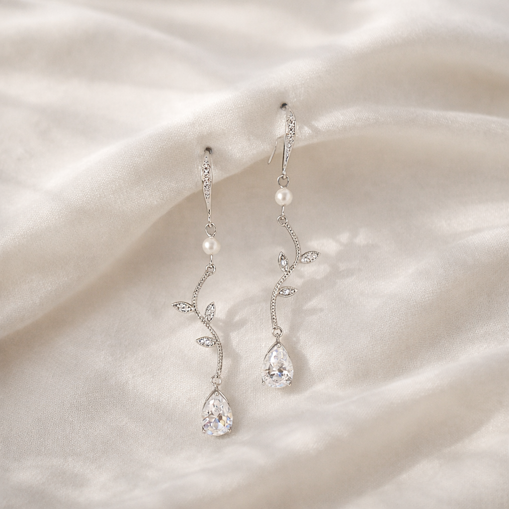 Wedding Crystal Vine Pearl Drop Earrings