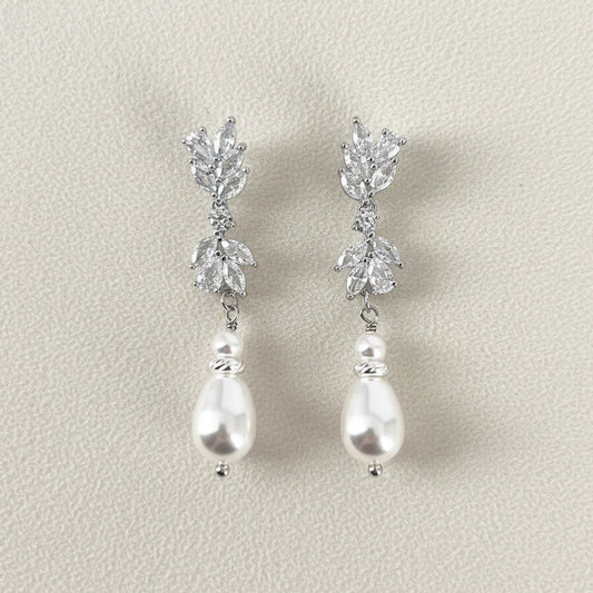 Bridal Leaf Crystal and Pearl Drop Silver Earrings