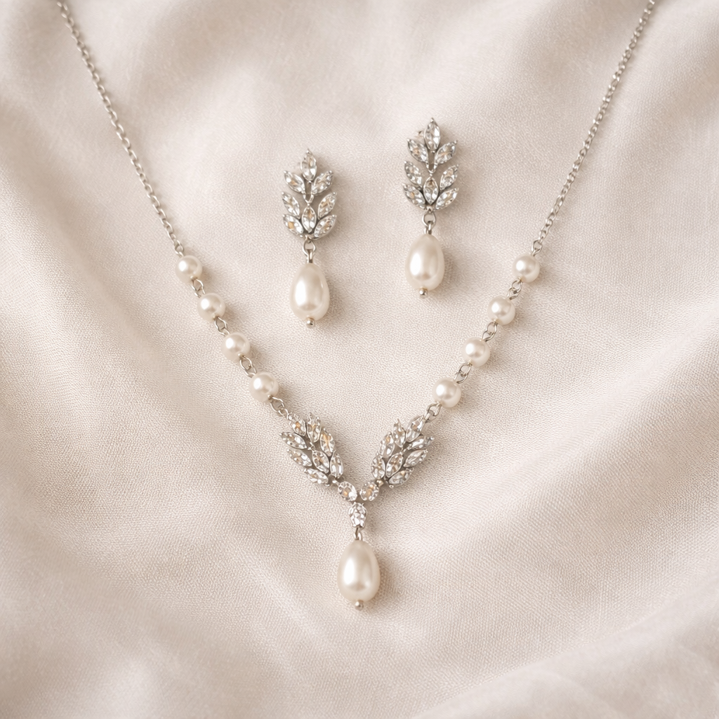 Pearl necklace and earrings set on a satin surface