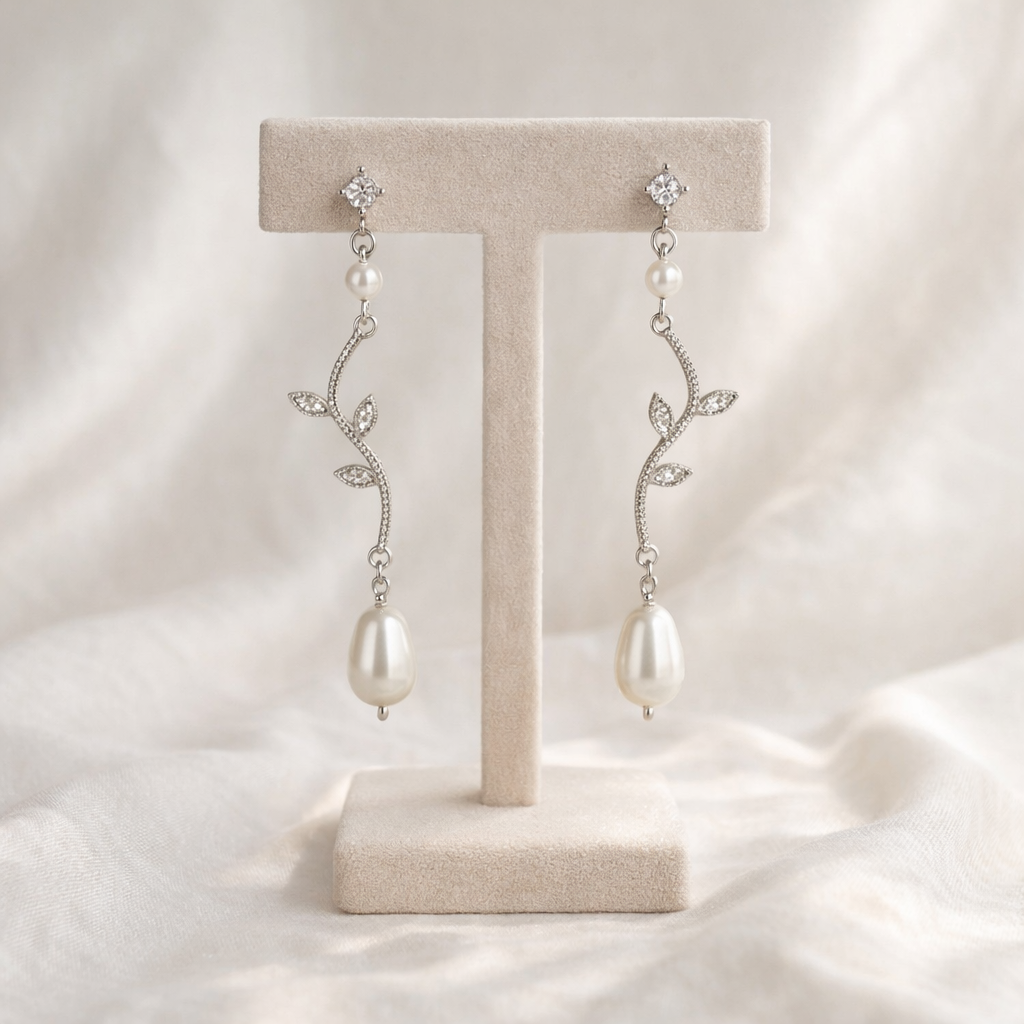 Bridal Marquise Leaf and Pearl Crystal Clip on Earrings