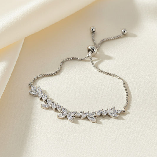 Silver Marquise Crystal Leaf Bridal Adjustable Bracelet
