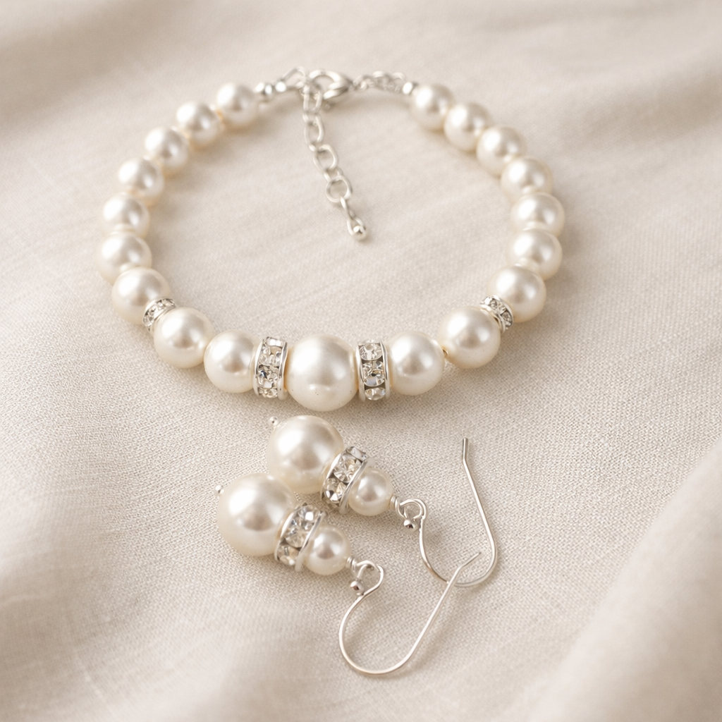 Wedding Bridal White Austrian Crystal Pearl Bracelet Earrings Set