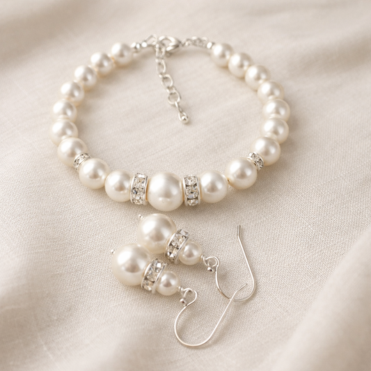 Wedding Bridal White Austrian Crystal Pearl Bracelet Earrings Set