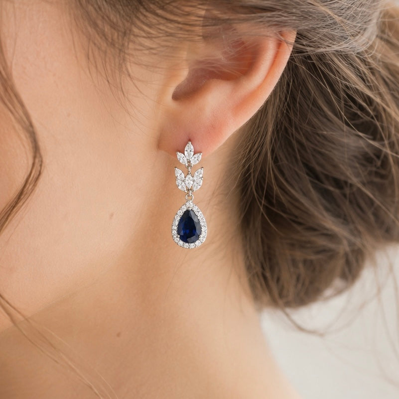Wedding Bridal Something Blue CZ Floral Earrings