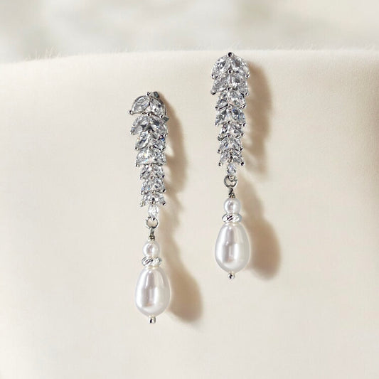 Wedding Bridal Silver Cubic Marquise and Pearl Earrings