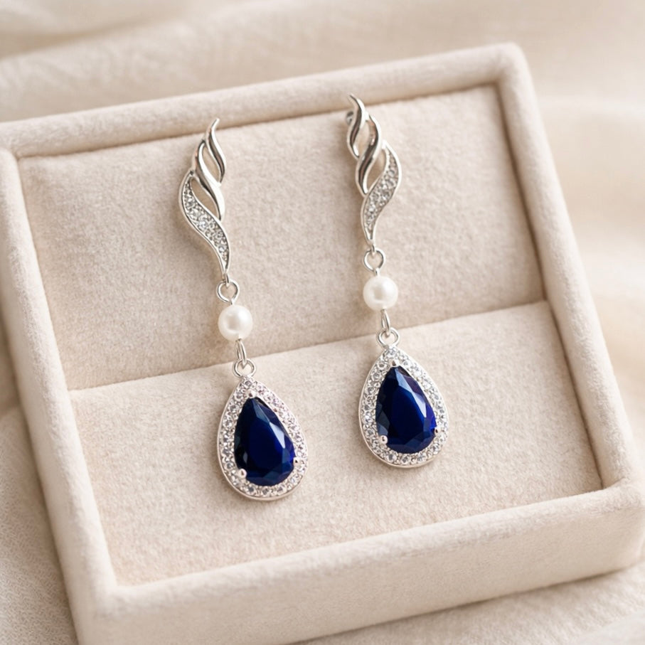 Wedding Sapphire Blue Teardrop Bridal Earrings Set