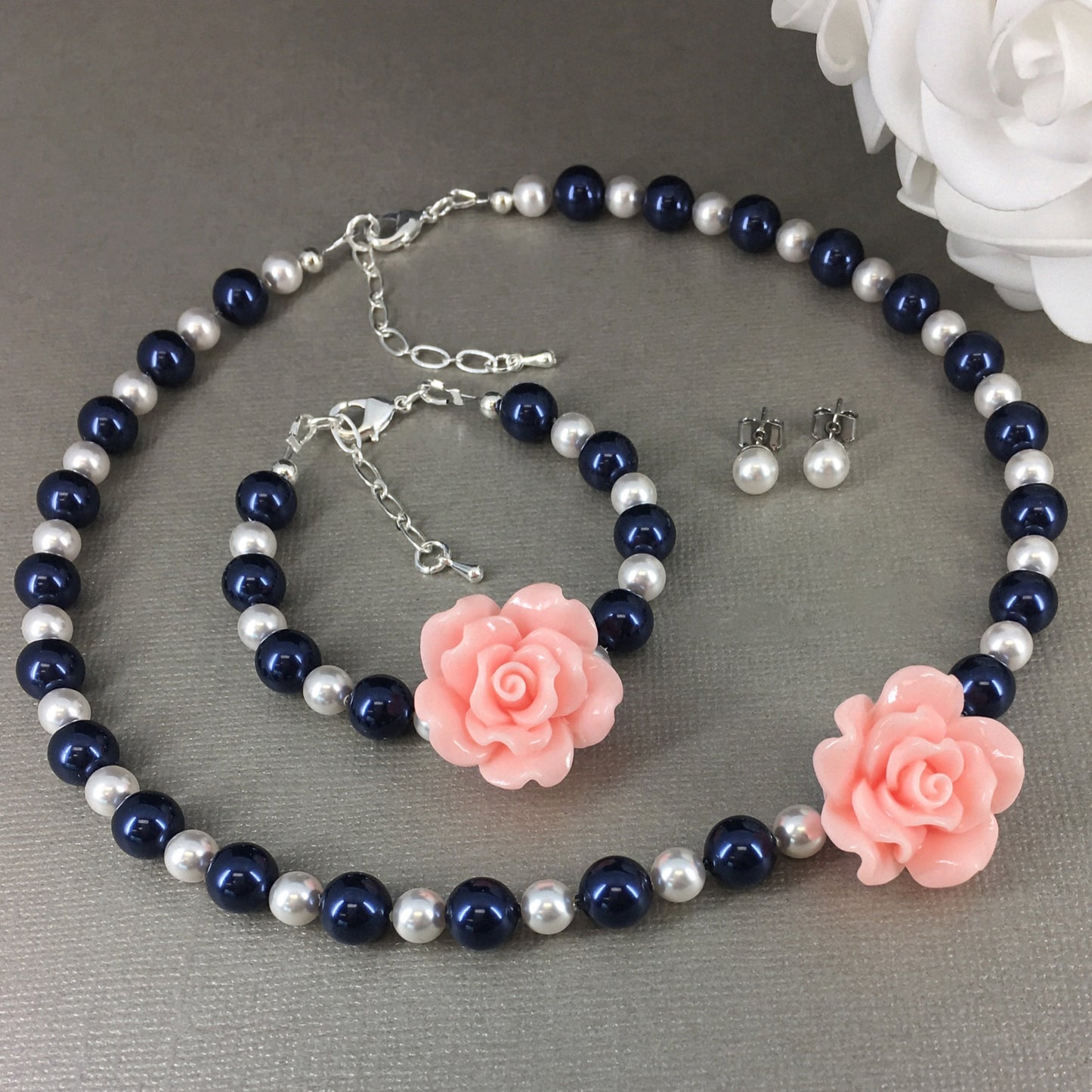 Blush Pink Rose Navy and White Pearl Necklace Bracelet Earrings