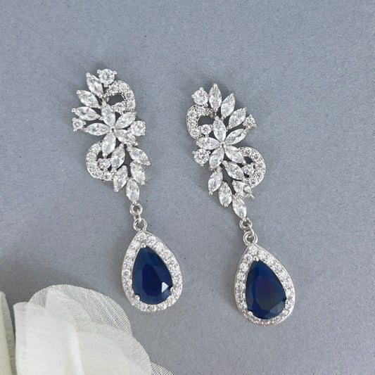 Bridal Wedding Sapphire Something Blue Teardrop Flower Earrings
