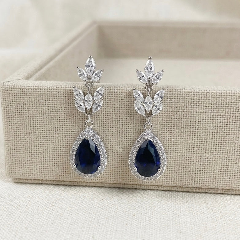 Wedding Bridal Something Blue CZ Floral Earrings