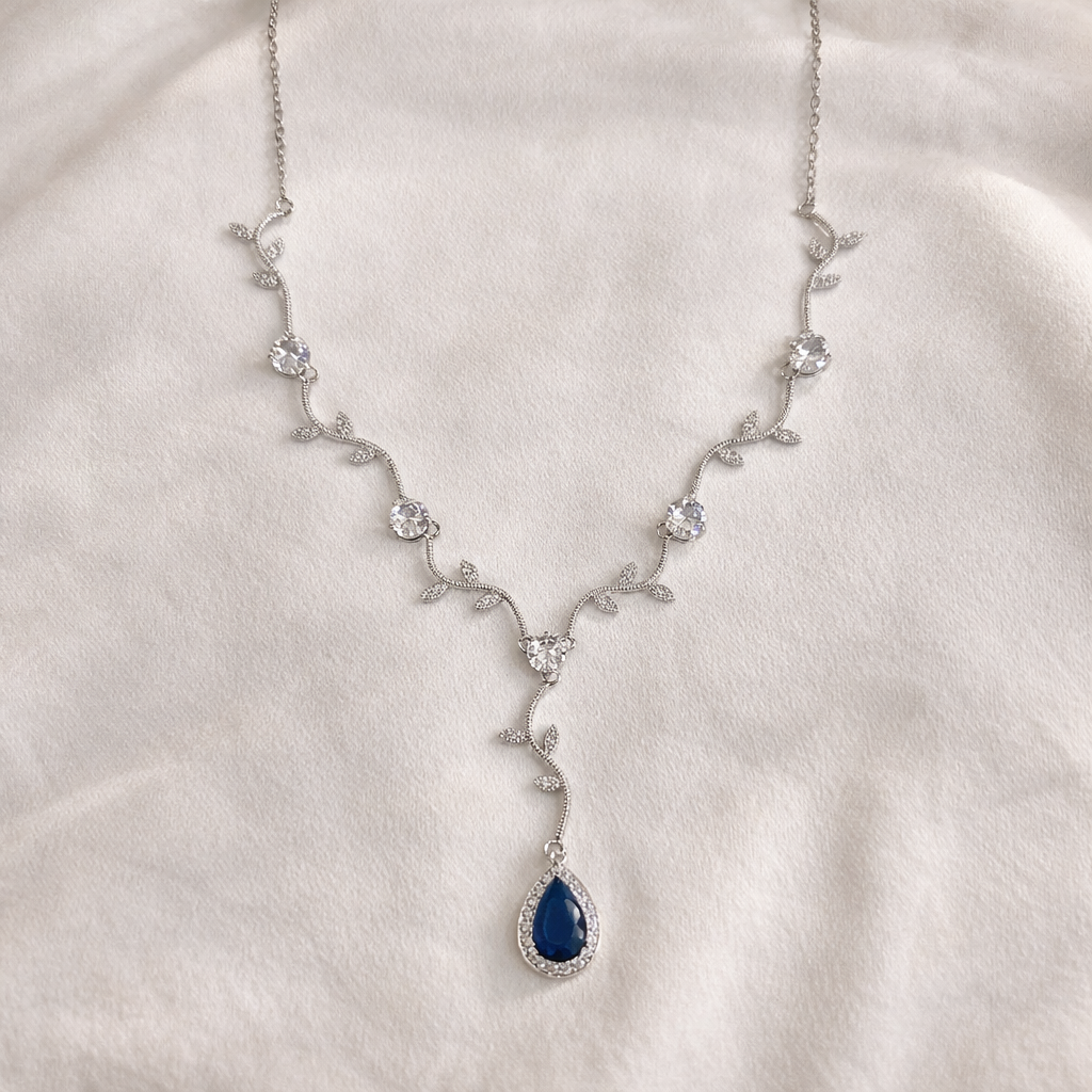 Bridal Blue Crystal Vine Necklace Earring Jewelry Set