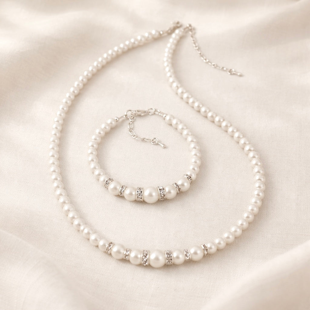 Classic Bridal White Pearl Graduated Necklace Jewelry Set
