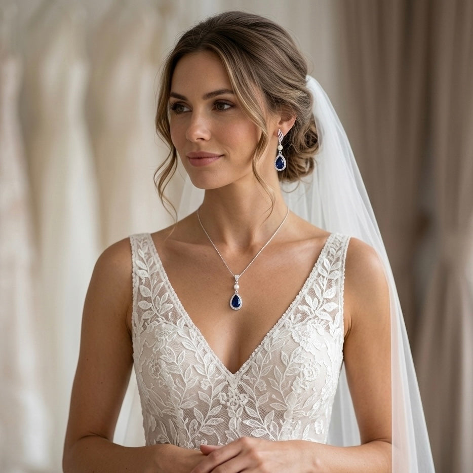 Wedding Sapphire Blue Teardrop Bridal Earrings Set