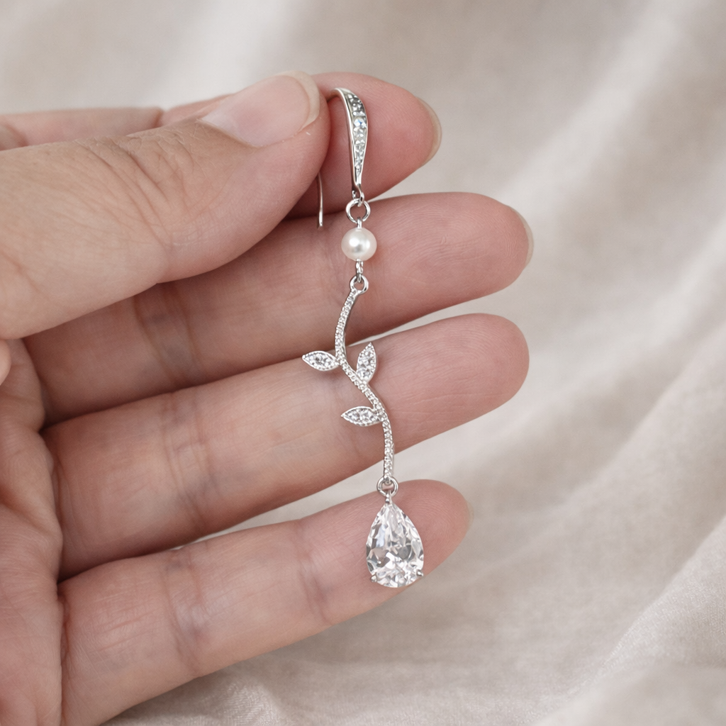 Wedding Crystal Vine Pearl Drop Earrings