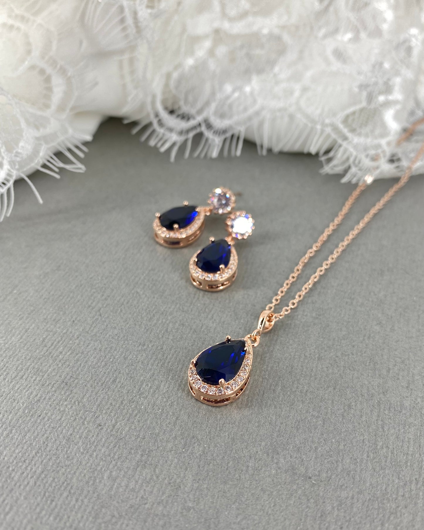 Lupe 2pcs CZ Rose Gold Plated Sapphire Blue Jewelry Set