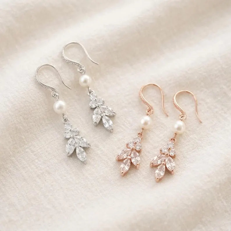 Wedding Bridal Bridesmiads CZ Leaf and Pearl Dangle Earrings
