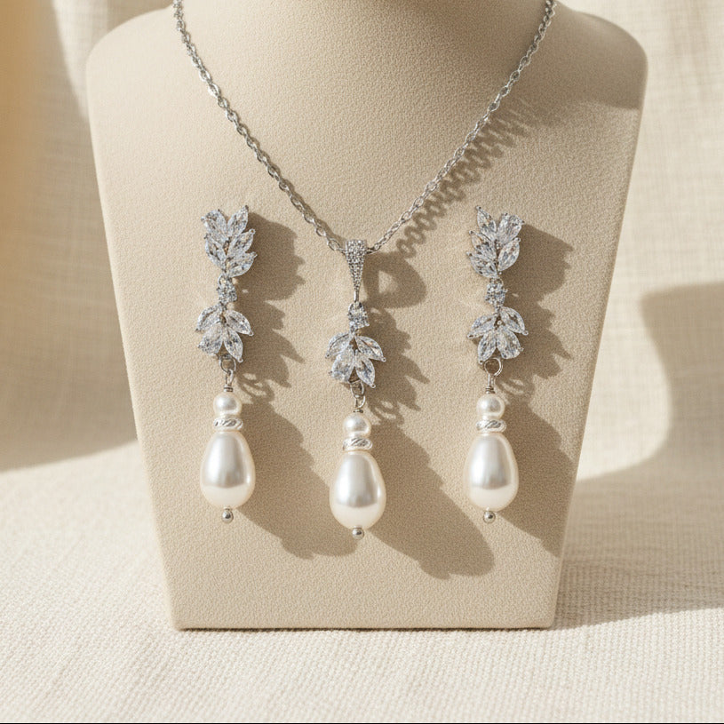 Bridal Leaf Crystal and Pearl Drop Silver Earrings