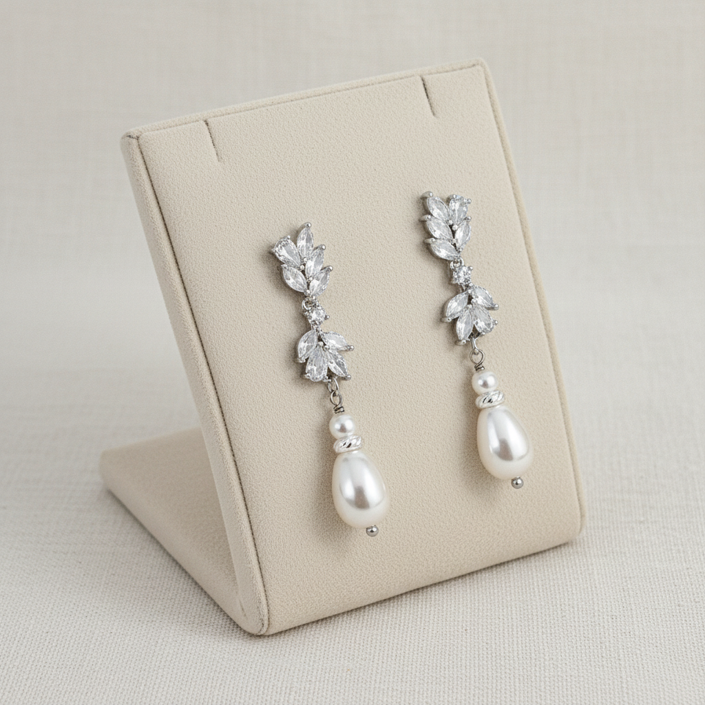 Bridal Leaf Crystal and Pearl Drop Silver Earrings