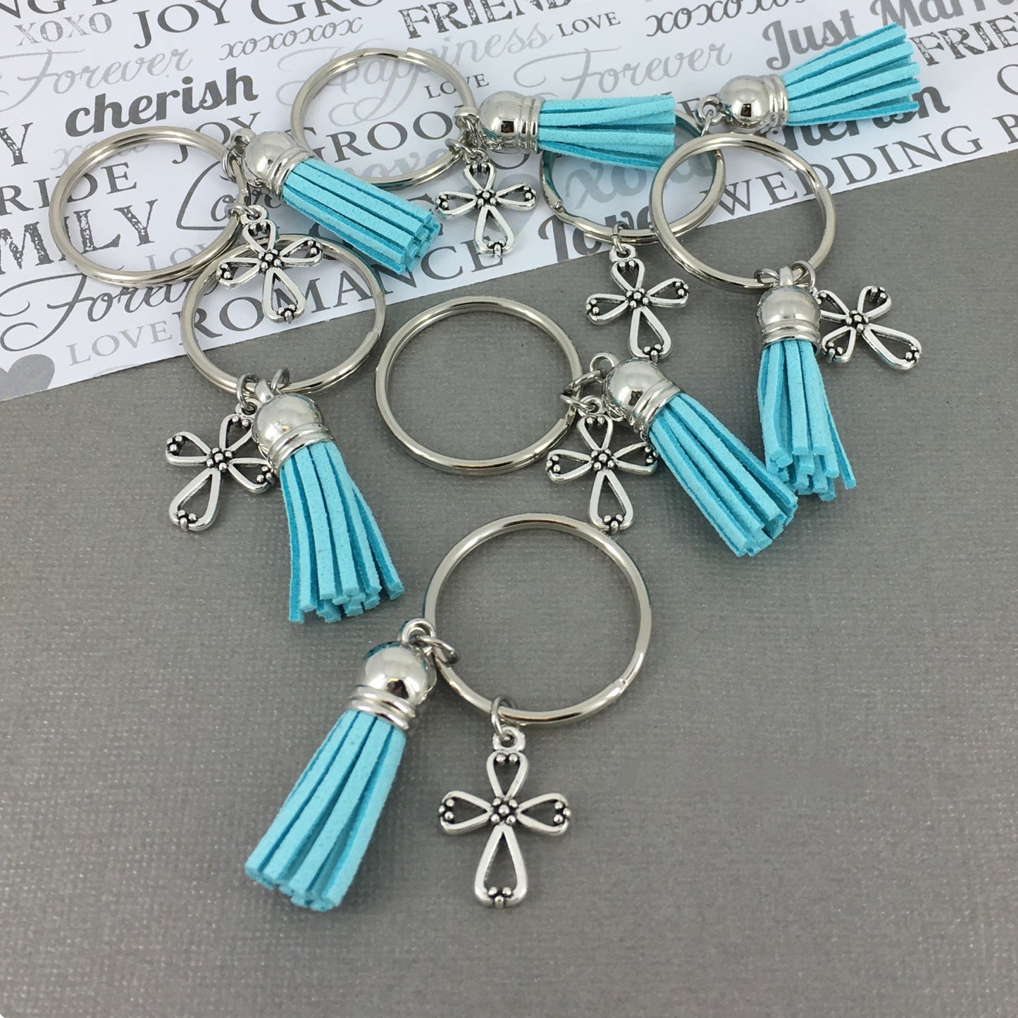 Cross and Baby Blue Tassle Key Chain Religious Baptisms Confirmations Gifts Wedding Favors