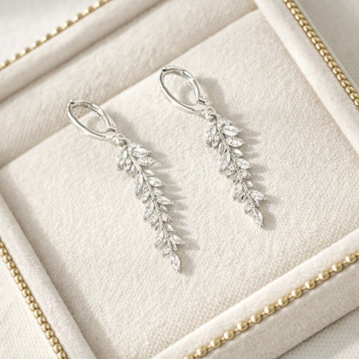 Wedding Crystal Leaf Bridal Hoop Earrings