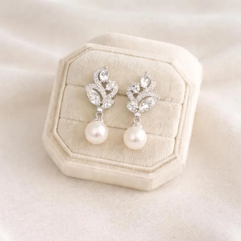 Wedding Bridal CZ Floral Round Pearl Drop Earrings