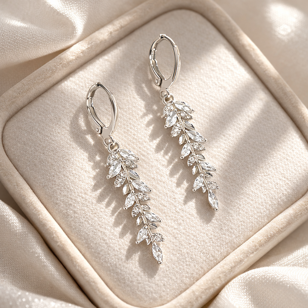 Wedding Crystal Leaf Bridal Hoop Earrings