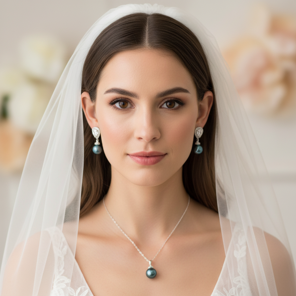 Wedding Bridal Teal Pearl Necklace and Earrings Set