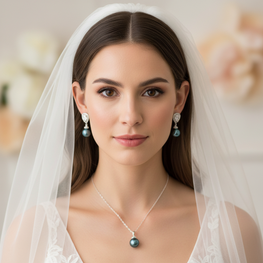 Wedding Bridal Teal Pearl Necklace and Earrings Set