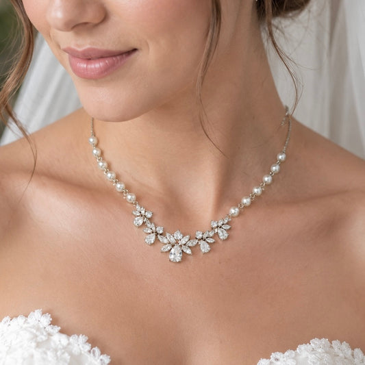Bridal CZ Floral and Pearl Necklace with Backdrop and Earrings Set
