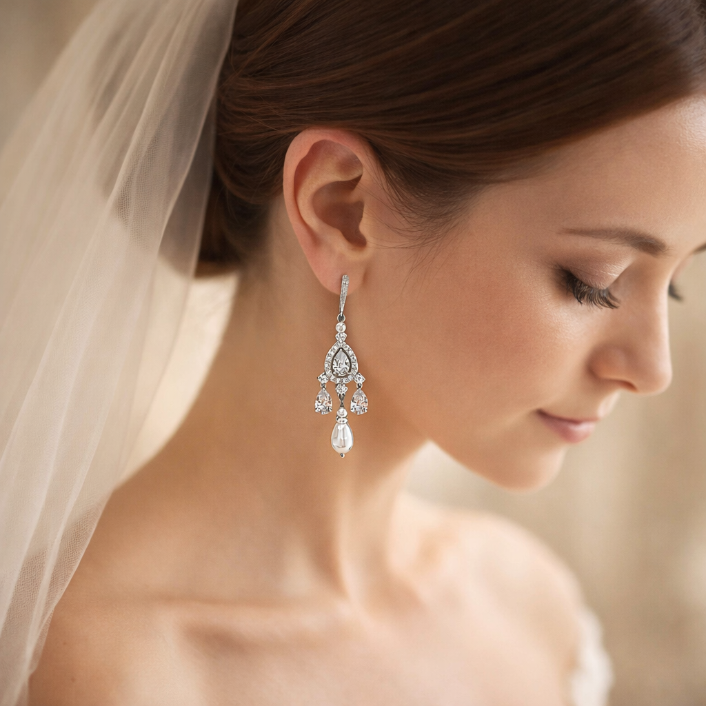 Wedding Bridal Chandelier Earrings with Crystal and Pearl