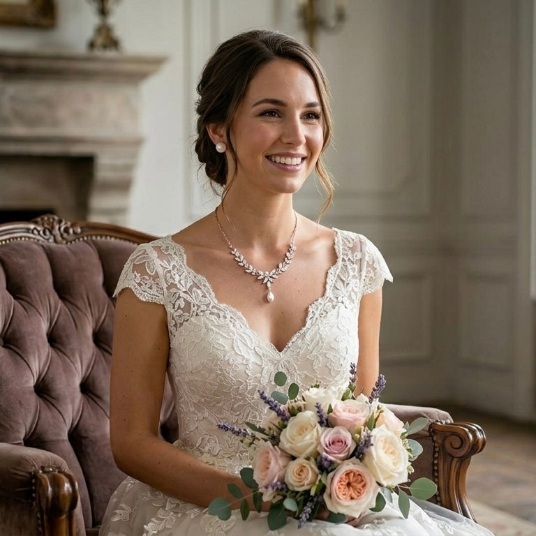 Wedding CZ Rose Gold Plated Statement Backdrop Pearl Necklace