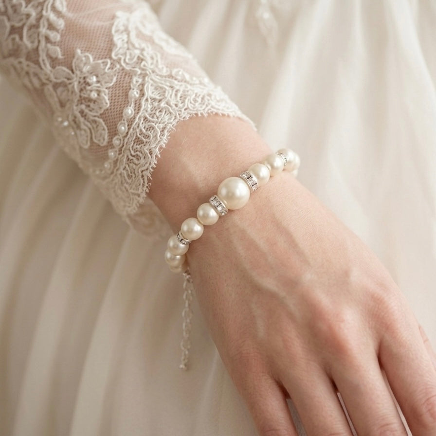 Wedding Bridal White Austrian Crystal Pearl Bracelet Earrings Set