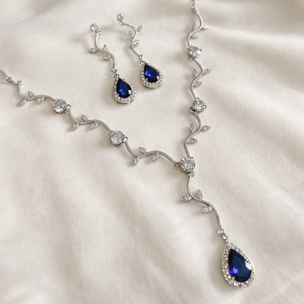 Bridal Blue Crystal Vine Necklace Earring Jewelry Set