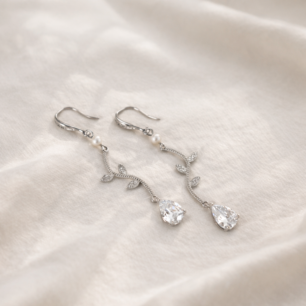 Wedding Crystal Vine Pearl Drop Earrings