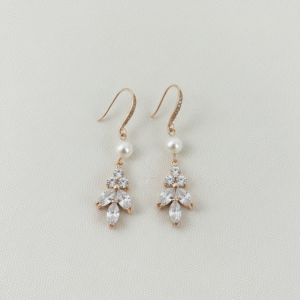Wedding Bridal Bridesmiads CZ Leaf and Pearl Dangle Earrings