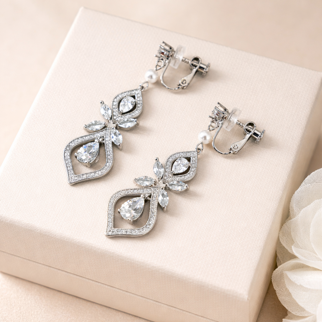 Bridal Marquise Crystal Pearl Clip-On Earrings Wedding Jewelry