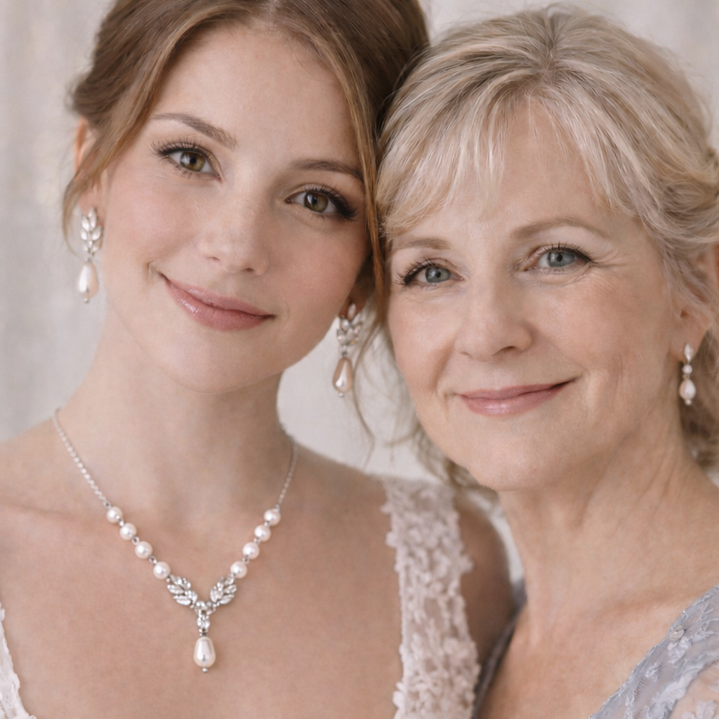 Bride and her mother posing together, both wearing pearl jewelry.