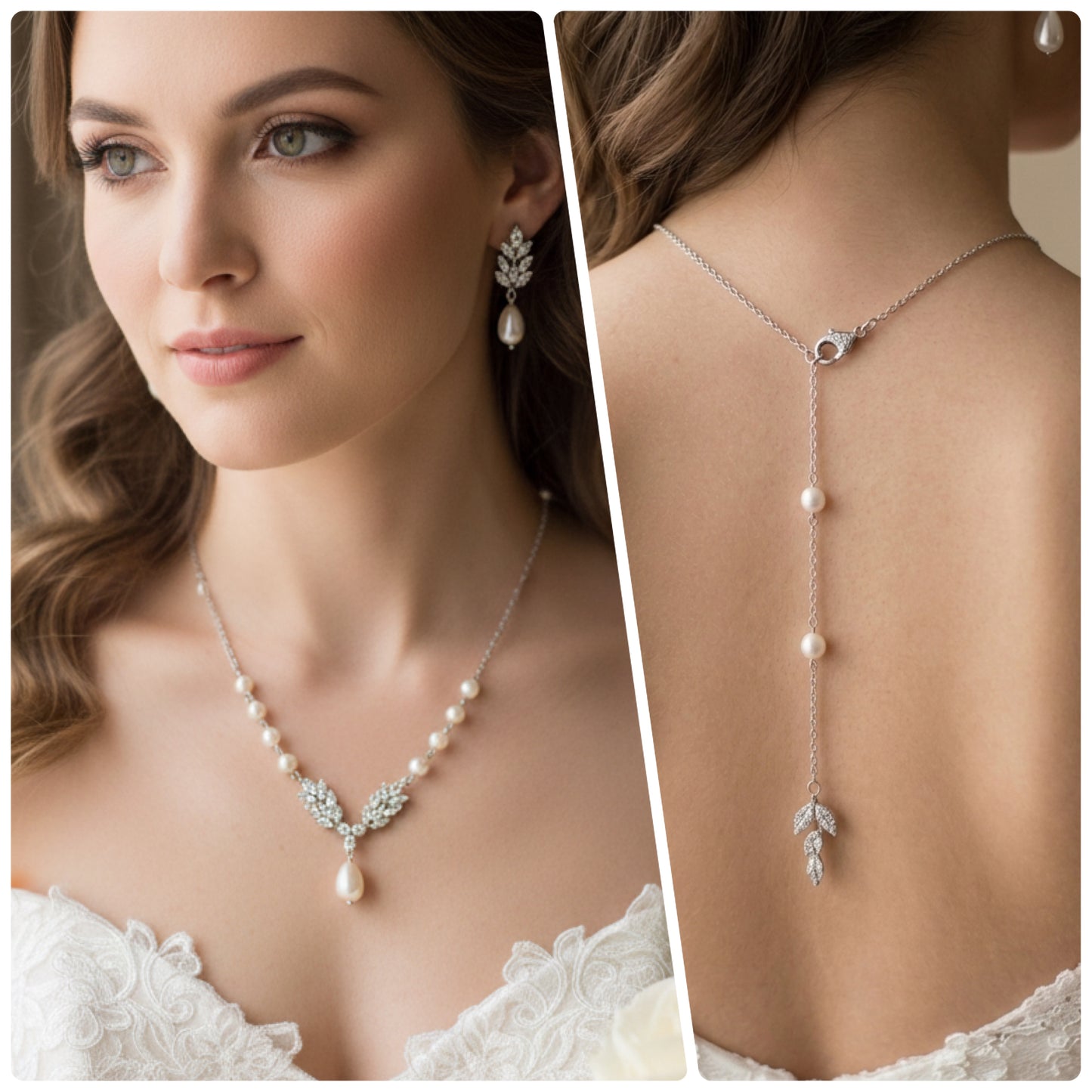 Pamela 2pcs CZ Floral et Perle Toile de Fond Collier et Boucles d'oreilles Ensemble 