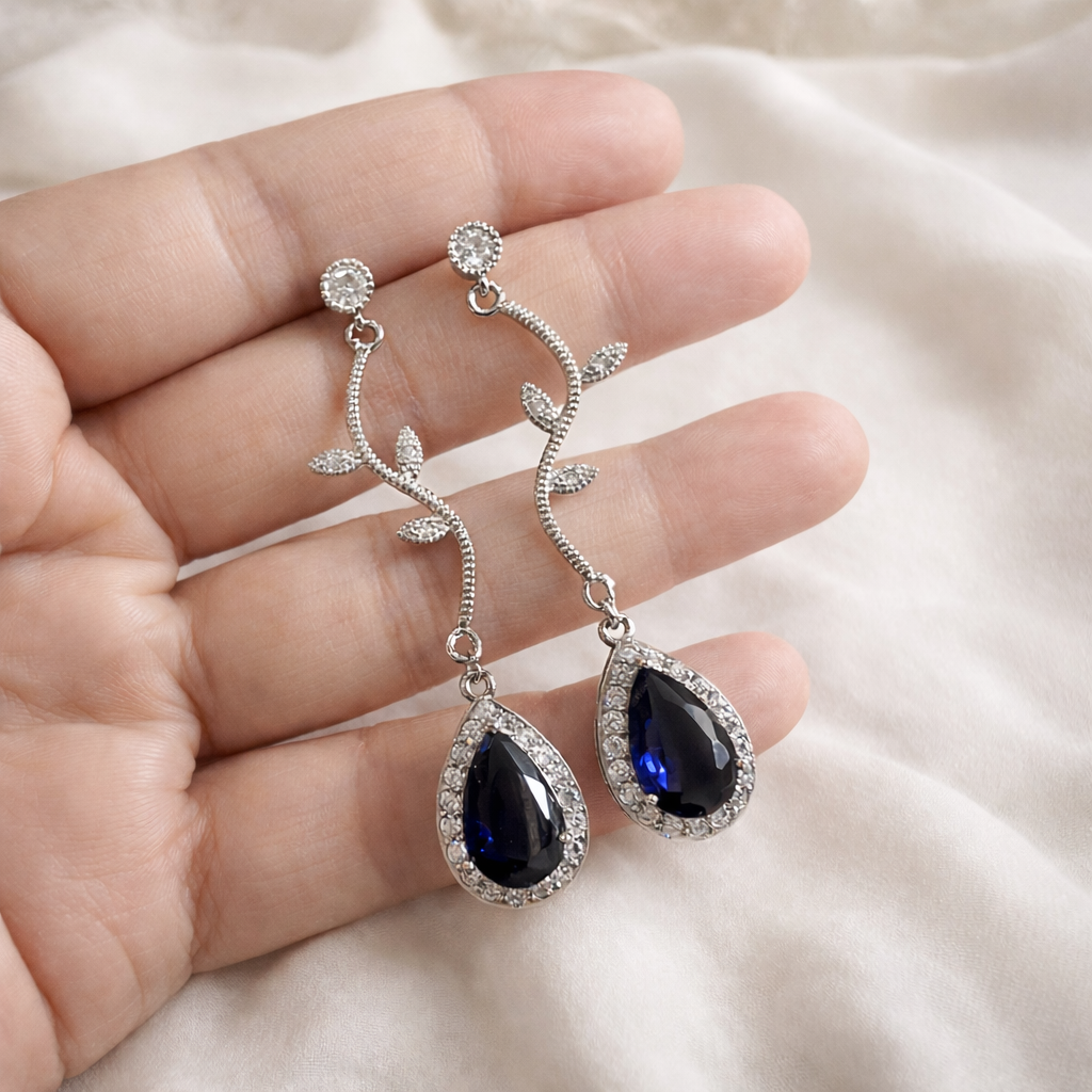 Bridal Blue Crystal Vine Necklace Earring Jewelry Set