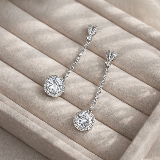 Bridal Long Round Drop Crystal Earrings