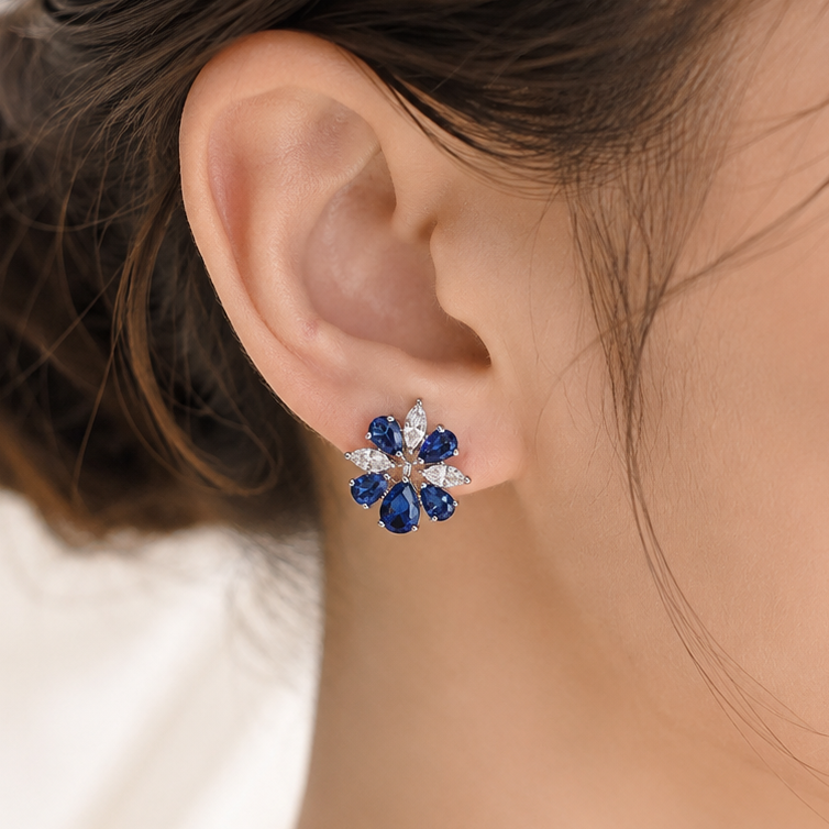 Wedding Bridal Something Blue CZ Floral Earrings