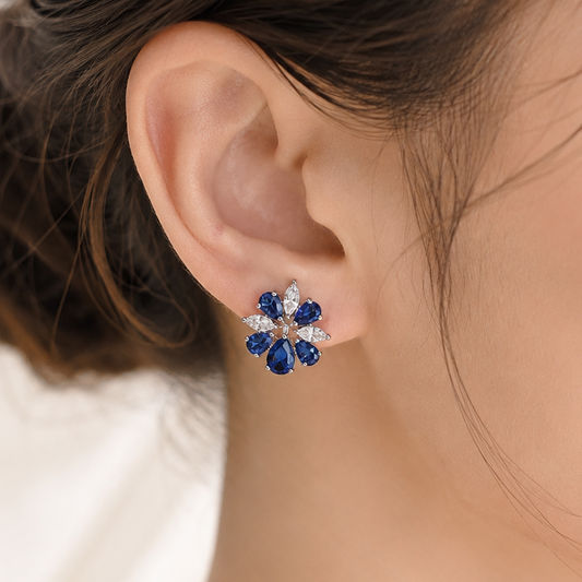 Wedding Bridal Something Blue CZ Floral Earrings