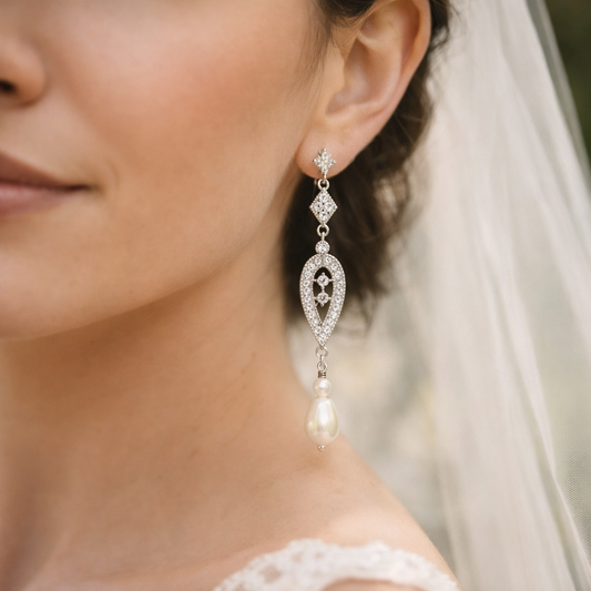 Bridal Crystal Pearl Long Clip On Earrings