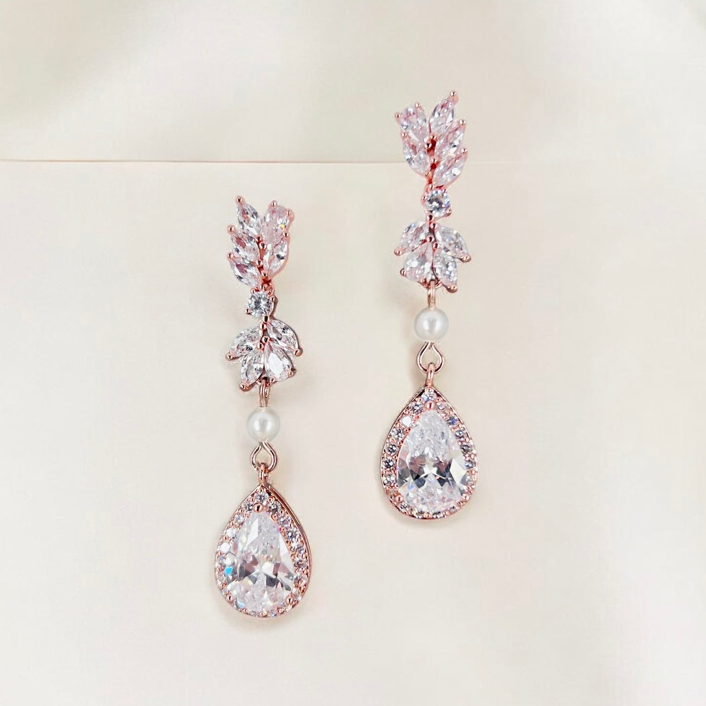 Bridal Rose Gold Clear Teardrop Crystal Drop Earrings Wedding Jewelry