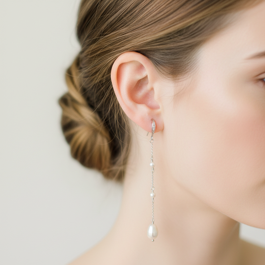 Bridal Wedding Linear Pearl Drop Long Earrings