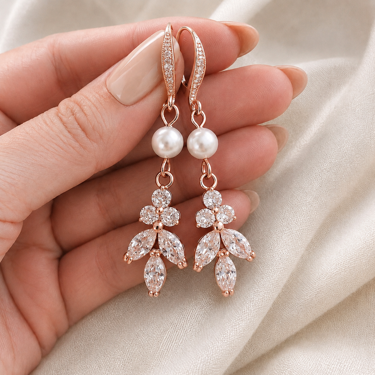 Wedding Bridal Bridesmiads CZ Leaf and Pearl Dangle Earrings