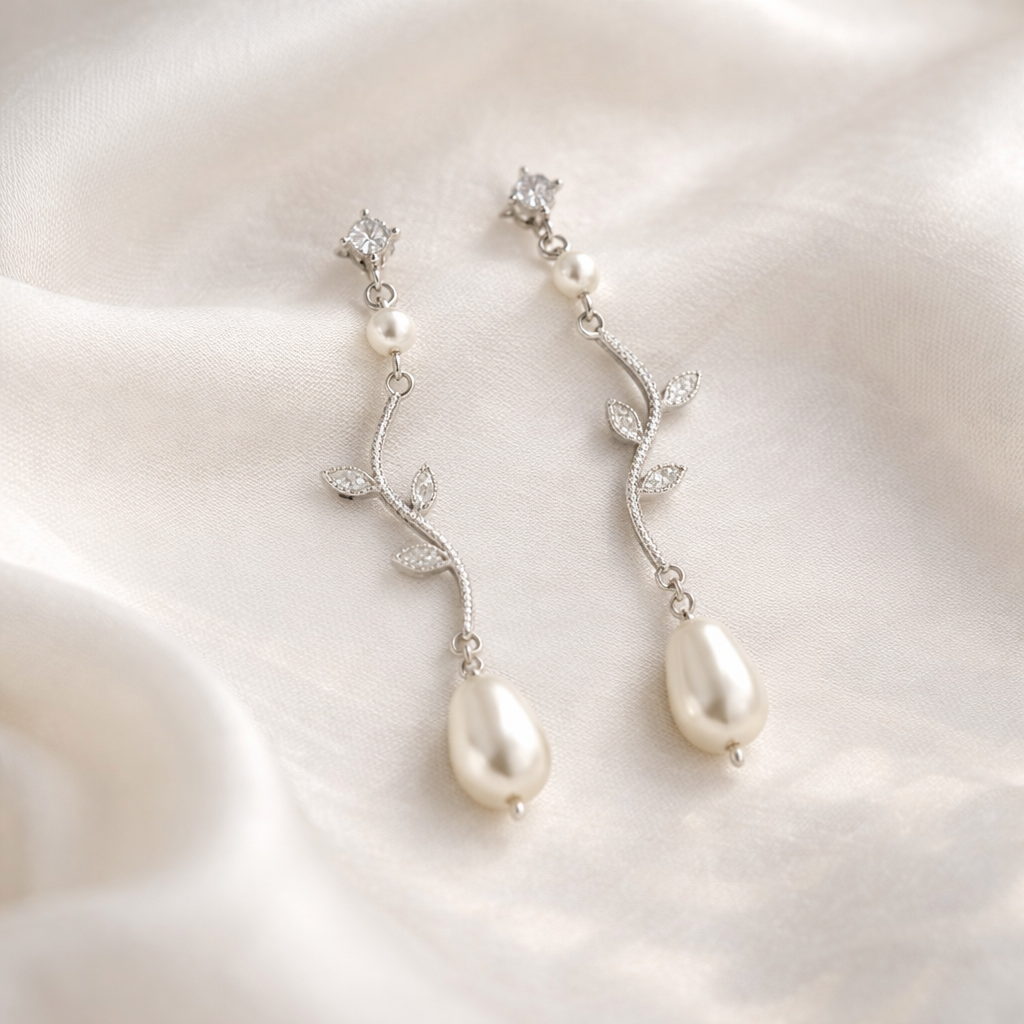 Bridal Marquise Leaf and Pearl Crystal Clip on Earrings